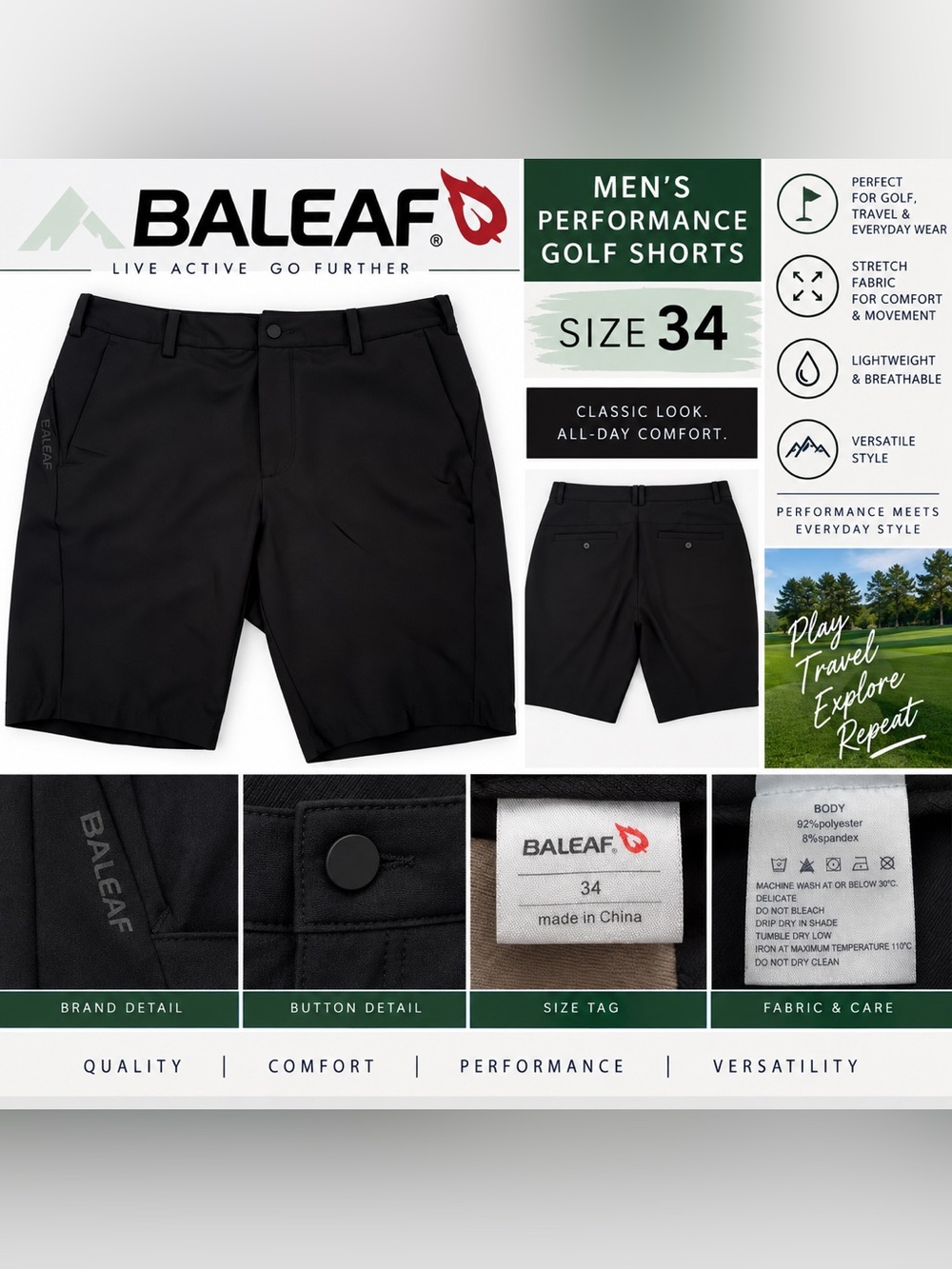 BALEAF Men’s Black Stretch Golf Performance Shorts Size 34